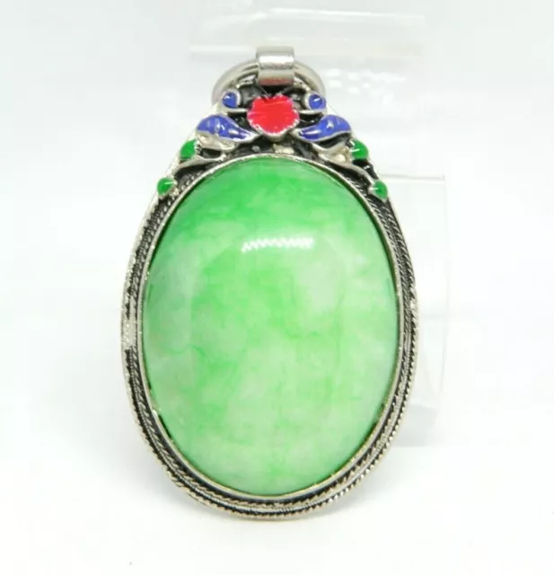 Vintage Silver Mid Century Chinese Import Enameled Floral Aquamarine Pendant