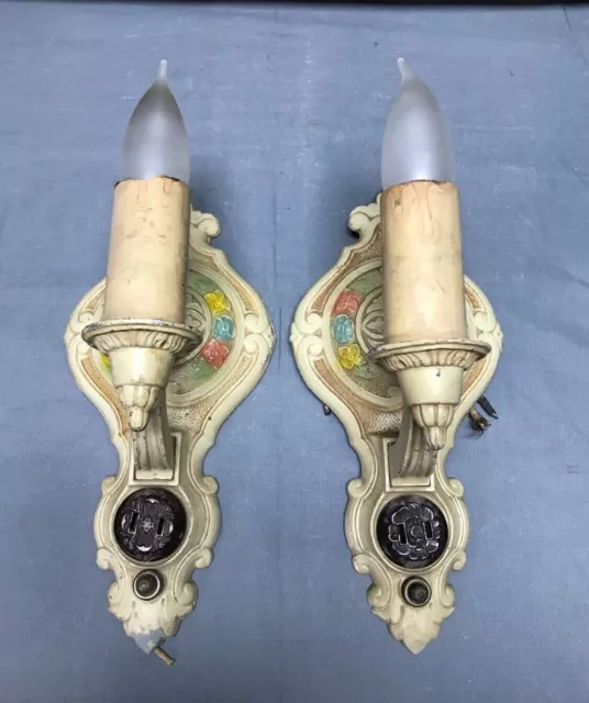 VTG Pair Aluminum Victorian Wall Sconces Painted Floral Light Fixtures 1070-22B