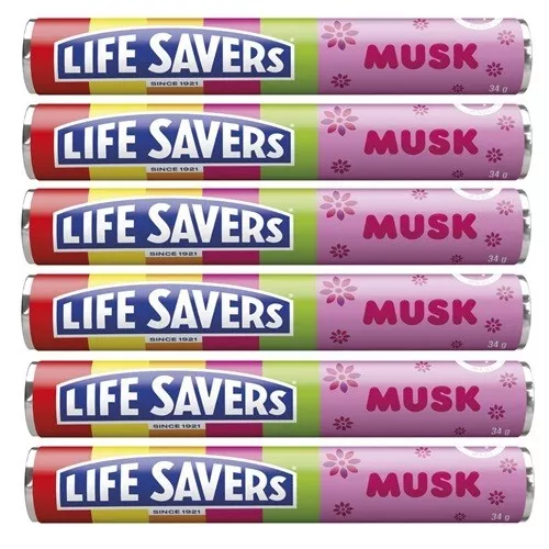 901305 6 X 34G Roll Lifesavers Life Savers Musk Flavoured Hard Sweet Candy
