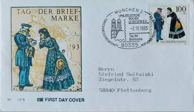 gelaufener Maximumbrief Bund MiNr 1692 – Tag der Briefmarke MÜNCHEN 1993