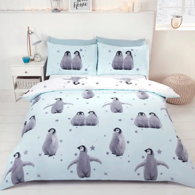 Starry Penguins Double Duvet Cover Set Glaçon Blue Childrens - 2 In 1 Design