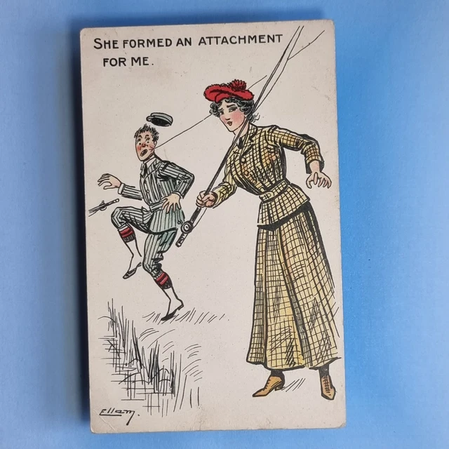 Comic Postcard C1910 Fishing Rod Fashionable Lady Fishes Catch Man Ellam