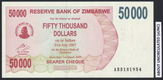 Zimbabwe 50,000 Dollar 2007 Bearer Cheque aUNC AB-prefix  P47 P-47 inflation era