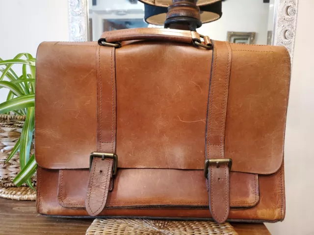 Vintage H&M Leather Tan Satchel Briefcase LAPTOP Bag Large Distressed