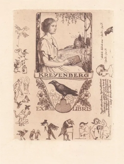 Exlibris Bookplate Radierung Hans Volkert 1878-1945 Sitzende Buch Krähe Akt