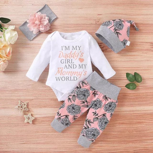 4PCS Newborn Baby Girl Bodysuit Romper Pants Headband Infant Outfits Clothes UK