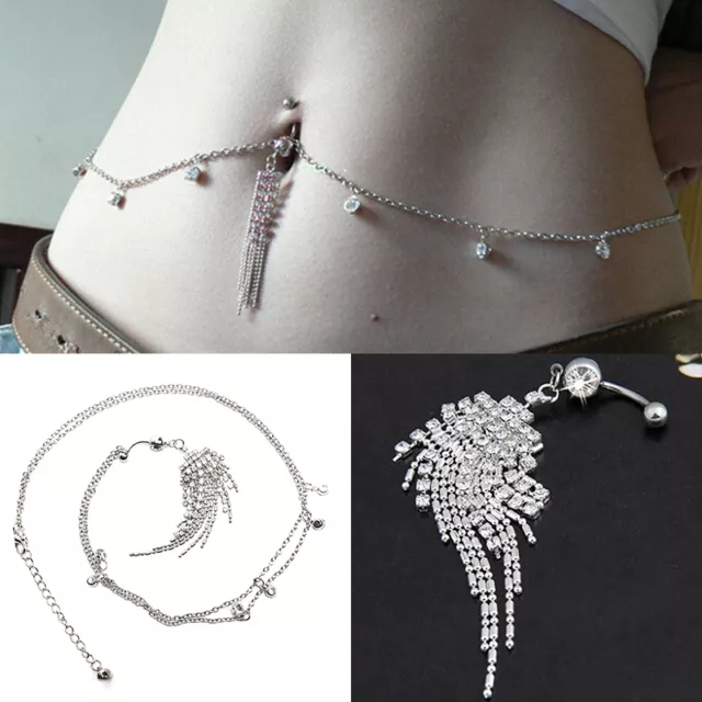 Crystal Tassel Navel Belly Button Ring With Waist Chain Body Piercing LadJ4