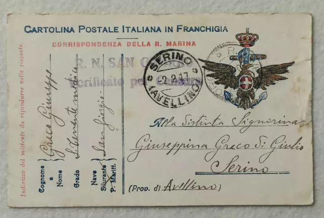 Cartolina Franchigia Pm Marina Regia Nave San Giorgio 30/1/01917 Guller Censura
