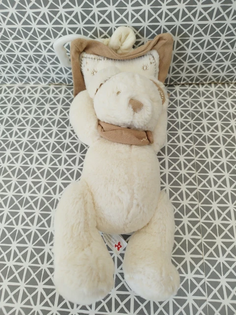 Doudou peluche musicale ours avec coussin blanc beige bandana Nicotoy