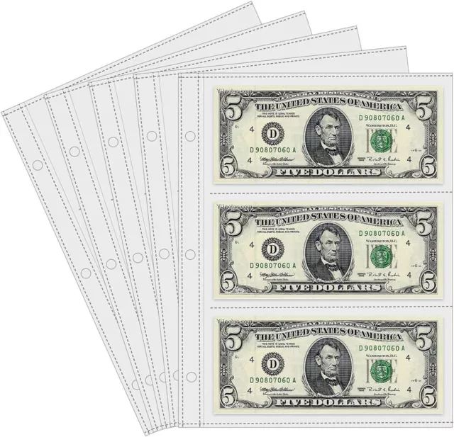 50 Sheets Currency Pages 3 Pockets Paper Money Protectors for 3 Ring Binders