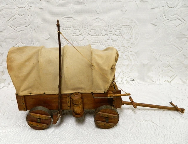 VTG ANTIQUE Hand Crafted WOODEN COVERED WAGON Toy WESTERN Pioneer RUSTIC Signed