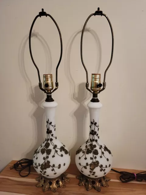 Pair Mid Century 24" Satin Glass Hollywood Regency Lamps w/ Brass Bases