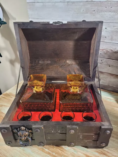 Vintage Barware Wood Treasure Chest Decanter Set Amber Glass