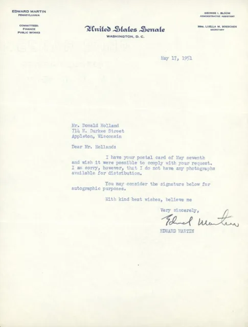 Senator Edward Martin Signed Letter