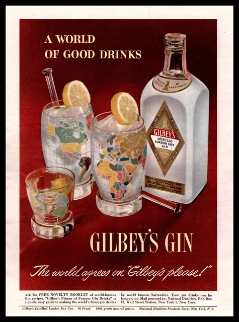 1950 Gilbey's Distilled London Dry Gin "A World Of Good Drinks" Vintage Print Ad