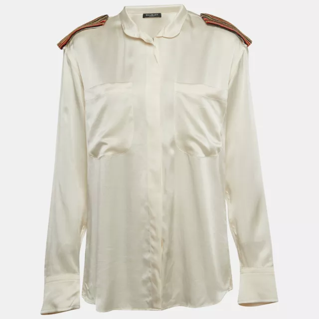 Balmain Off White Satin Silk Embellished Shoulder Patch Shirt S