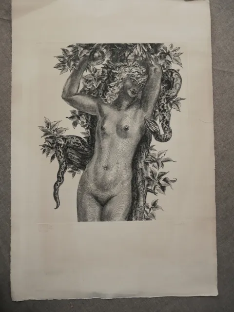 Grande gravure signée numérotée nu féminin Eve serpent Albert Decaris graveur