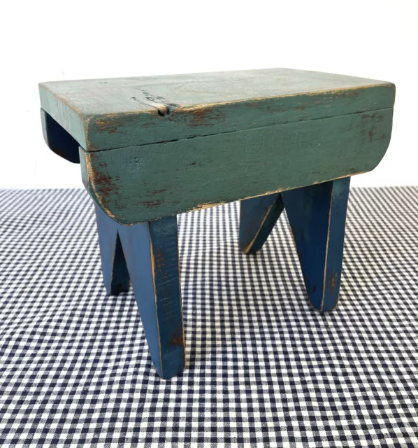 Vintage Foot Stool, Pine Wood, Small Top of Stack, Blue Green Paint, Primitive