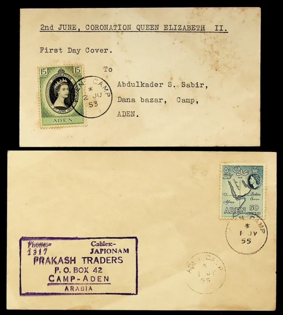 SEPHIL ADEN 1953-55 2v QEII CORONATION FDC 2 COVER TO ARABIA/DANA BAZAR