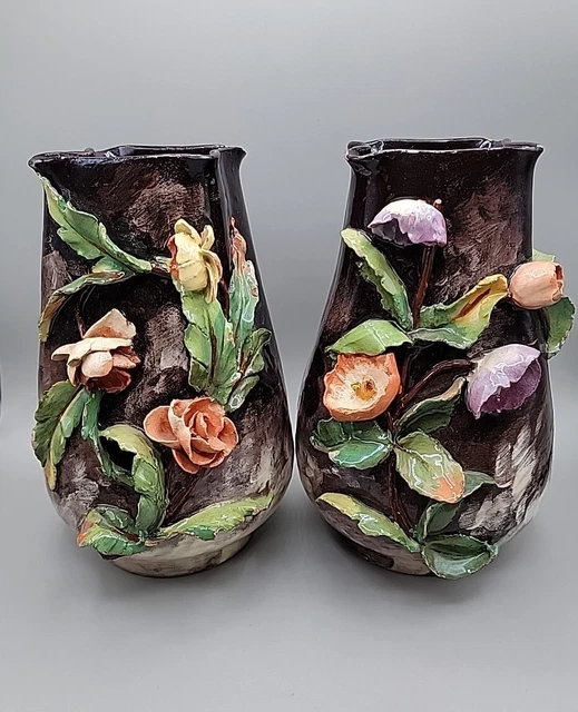 2 Faience Majolica FMC 19th Century Italian Style Floral Barbotine Vases Pair 7"
