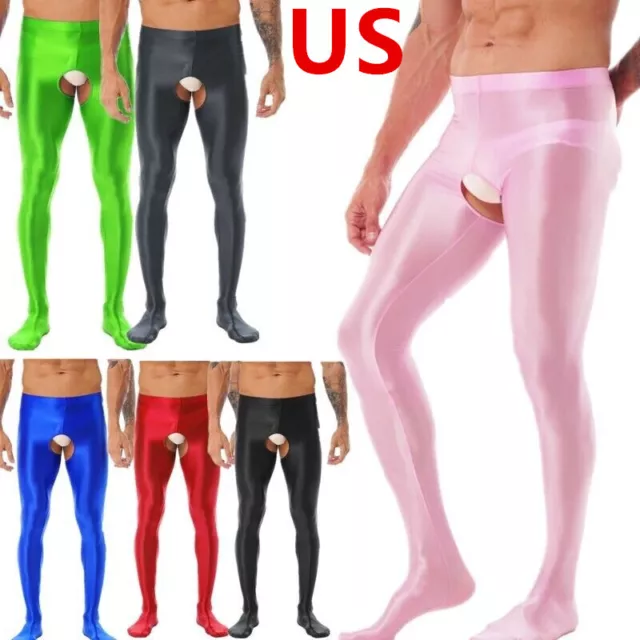 US Mens Shiny Oil Crotchless Pantyhose Tights High Waist Footed Socks Underwear
