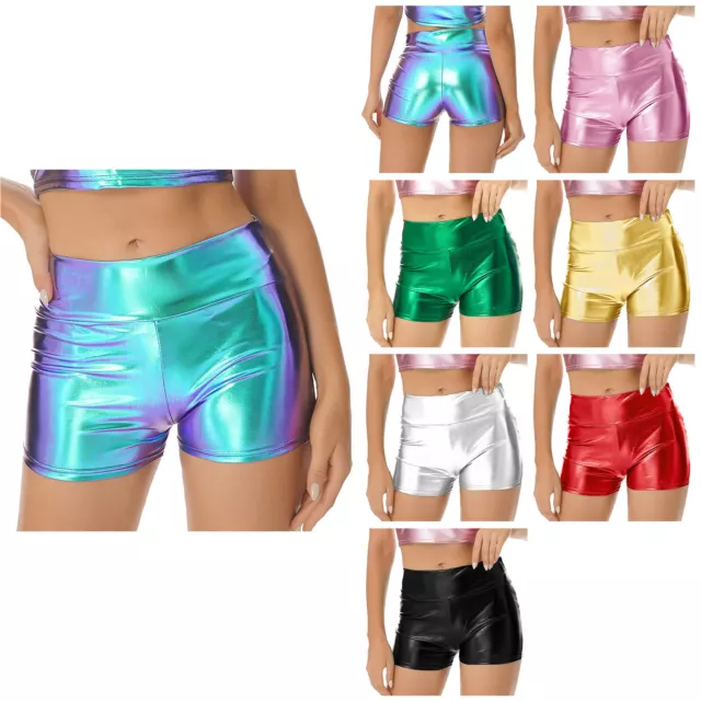 Women Metallic Shiny Patent Leather Hot Shorts High Waist Short Pants Rave Party