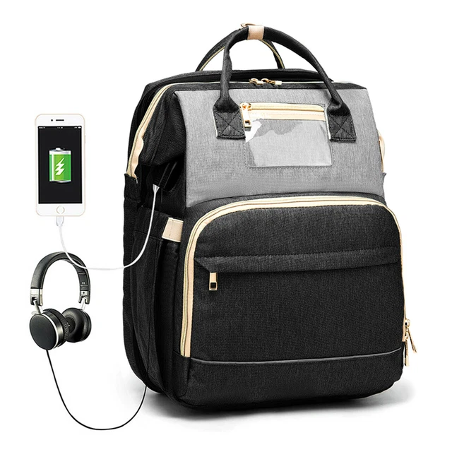 Foldable 3in1 Baby Diaper Bag Mummy Travel USB Backpack W/Changing Station Pad 2