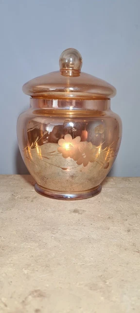 Vintage Gold Lustre Carnival Glass Lidded Storage Jar With Etched Design