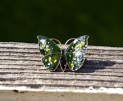 Butterfly Green Yellow White Speckled Gold Tone Metal & Enamel Pin Pinback