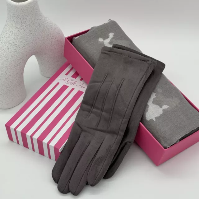 Scarf Gloves Grey Poodle Print Gift Set Boxed One Size Lightweight Ladies New