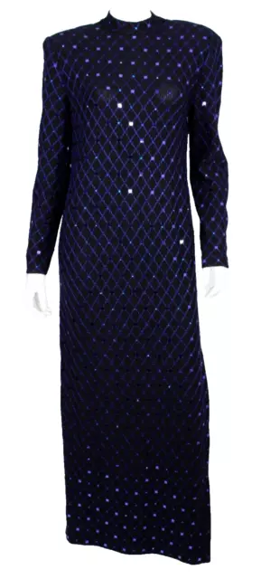 ST. JOHN Vintage Black Santana Knit Blue Sequin Embellished Evening Gown 8