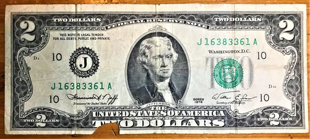 1976 J $2 Dollar Fed Res Note Kansas City J16383361A FIN WES J/A Circulated