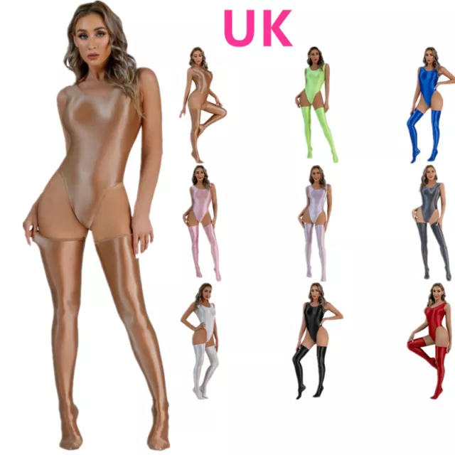 UK Womens Oil Glossy Bodysuit Shiny Silky Lingerie Nightwear Stockings Jumpsuits