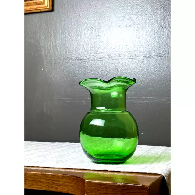 MCM Art Glass Fluted Vase in Emerald Green Hand Blown Glass Blenko-Style