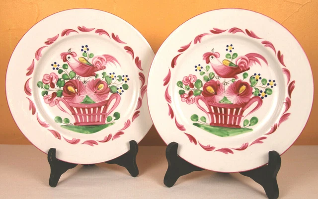 Fin XIXe Paire d' Assiette Faïence LUNÉVILLE décor de Coq & Panier Fleuri France