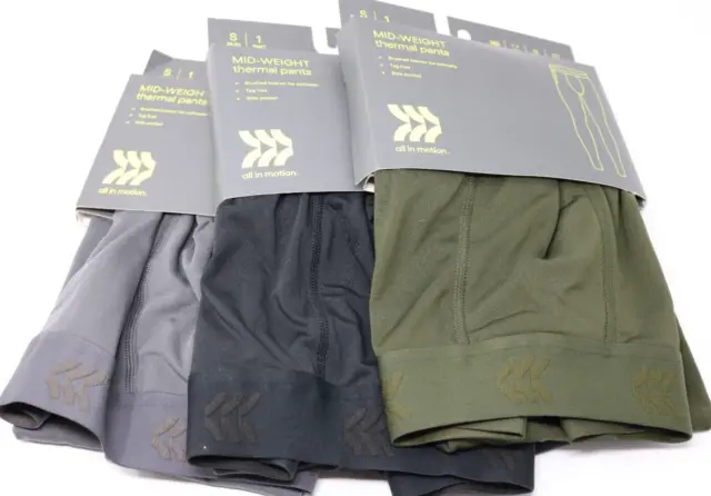 All in Motion Men's Mid-Weight Size Small Thermal Pants Lot of 3 Green Grey Blk