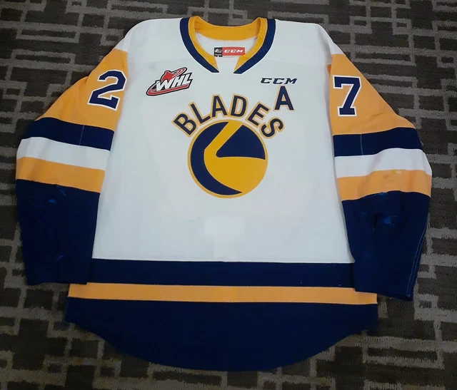 GAME WORN USED Saskatoon Blades White Jersey #27 Kneen 