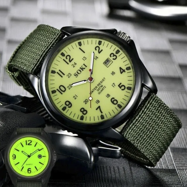 Armbanduhr Militär Herren Armee Stoff-Uhrenband Grün Quarz Watch Sports DE