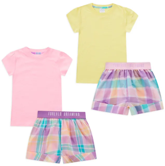 Girls Pyjama Set Pastel T-shirt Woven Check Shorts Summer Pjs Age 2 - 13 Years