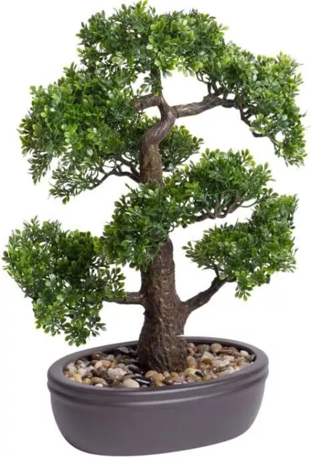 Emerald Artificial Ficus Mini Bonsai on Brown Plate 43cm