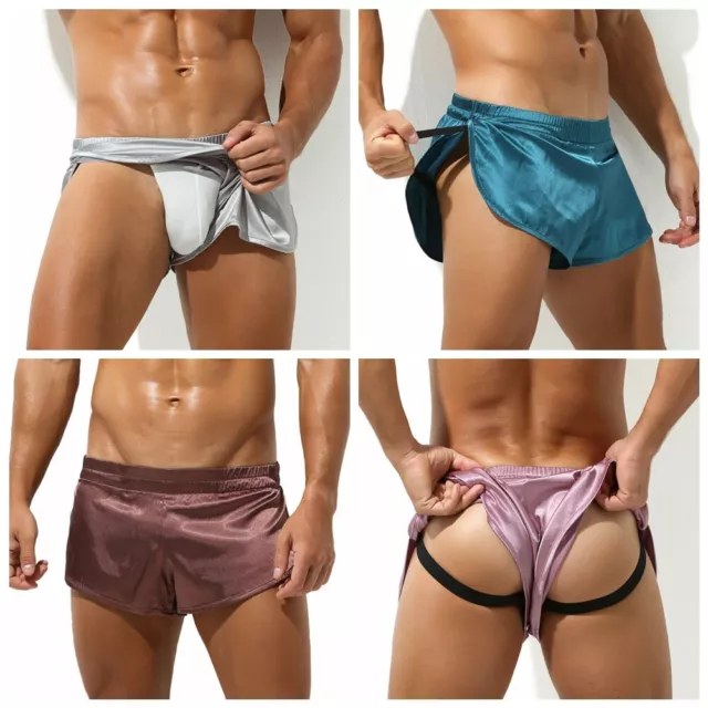 Men Satin Pajamas Boxer Shorts Silk Side Split Loose Lounge Trunks Beach Bottoms