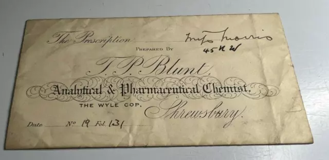 Antique Prescription Envelope T P Blunt Chemist the Wyle Cop Shrewsbury