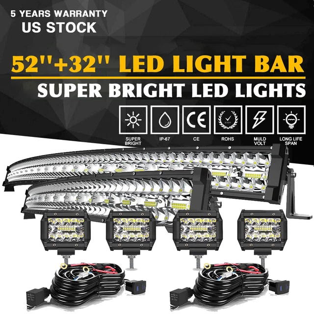 Curved 52 +32'' LED Light Bar Flood Spot Combo Off-road Roof Driving Truck RZR