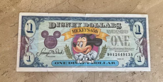 1993 $1 DISNEY DOLLAR- MICKEY'S 65TH - in Color!