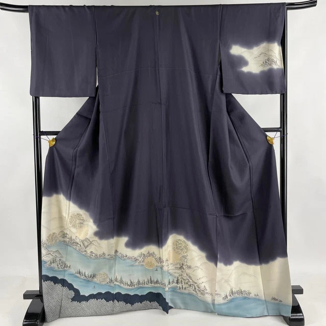 Japanese Kimono Silk Houmongi Vintage Gold Snowflake Scenery Blurred Purple 66"