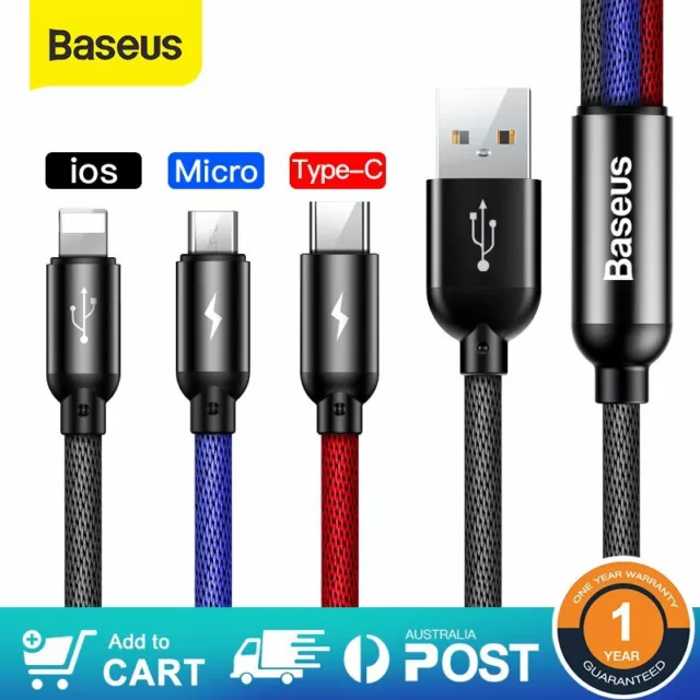 Baseus 3 in 1 USB Charger Cable Type C/for Apple IOS/ Micro Braided Charge Lead