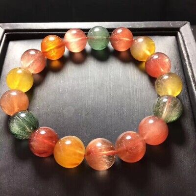 Genuine Natural Colorful Rutilated Quartz Crystal Round Beads Bracelet 12mm AAAA