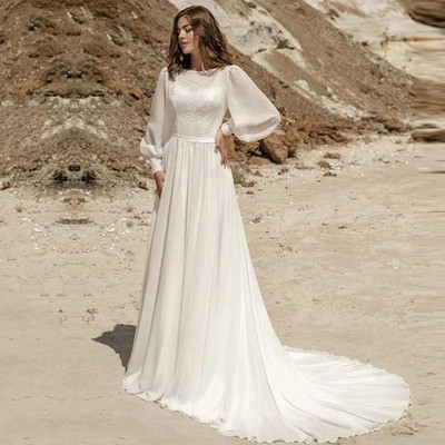Bohemian A Line LongSleeve Wedding Dress Chiffon High Neck Lace Sweep Train Robe