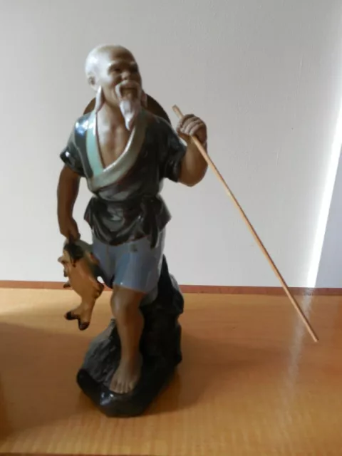 Vintage SHIWAN Glazed Art Pottery, Chinese Mud Man, Old Fisherman Figurine