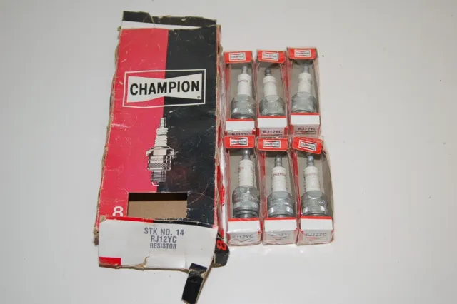 Lot of 6 NOS Vintage Champion RJ-12YC Spark Plugs, Made in USA, Sealed Pkg.